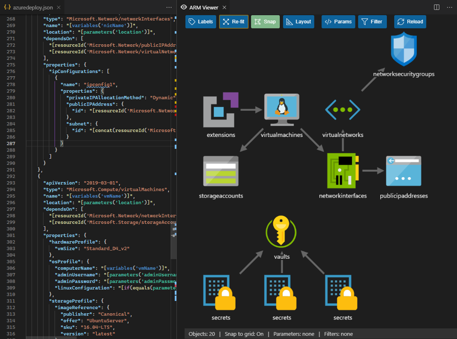 Displays a graphical preview of Azure Resource Manager (ARM) templates