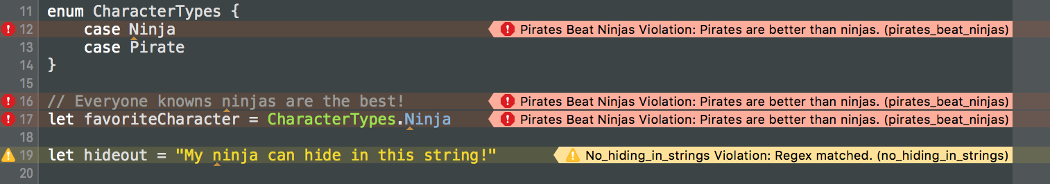 Custom violations highlighted in the Xcode editor