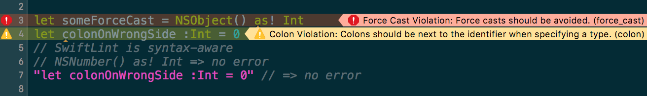 SwiftLint violations highlighted in the Xcode editor