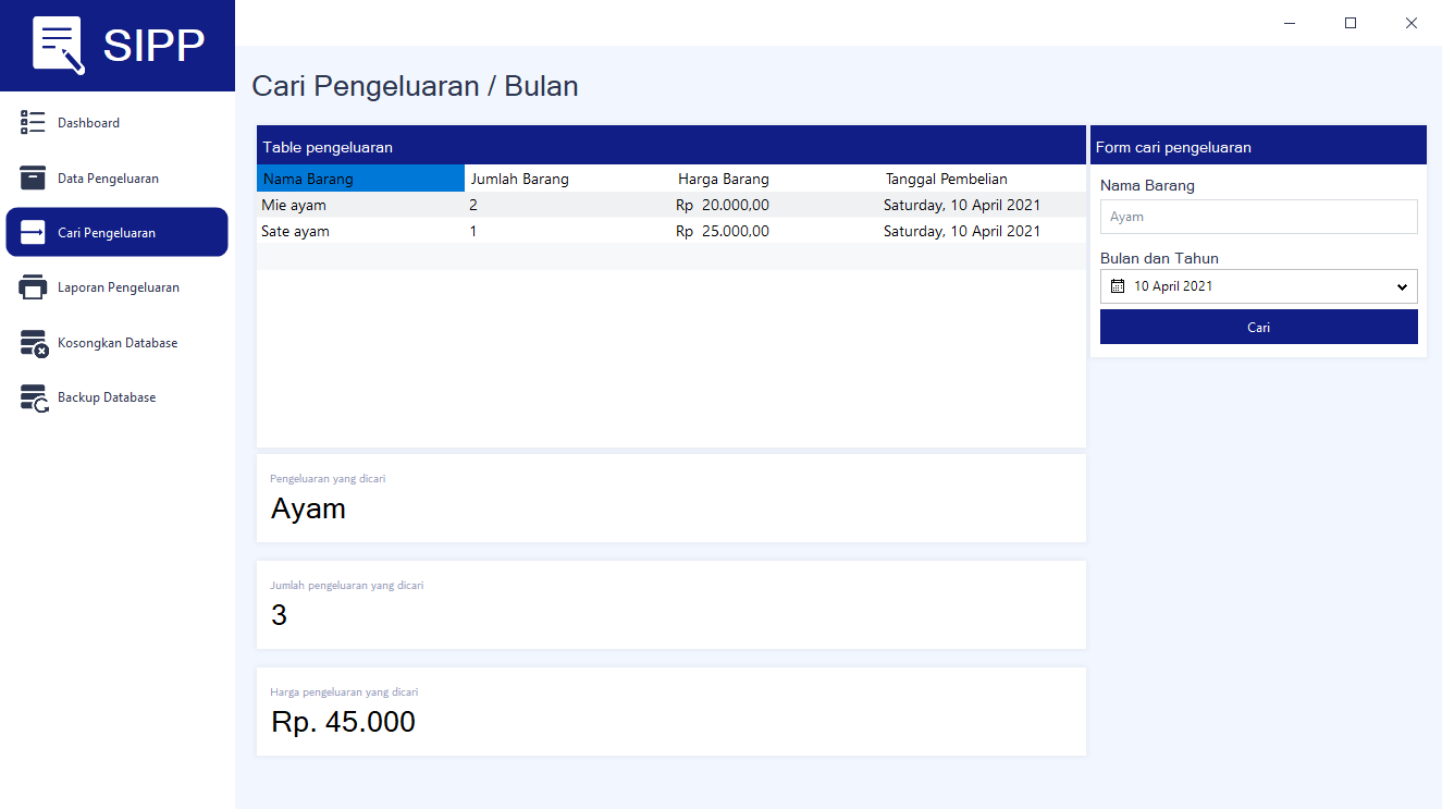 Tampilan Cari Pengeluaran